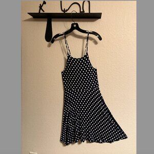 Blue Rain by FRANCESCA'S Fitted Navy and White Polkadot Sundress - M